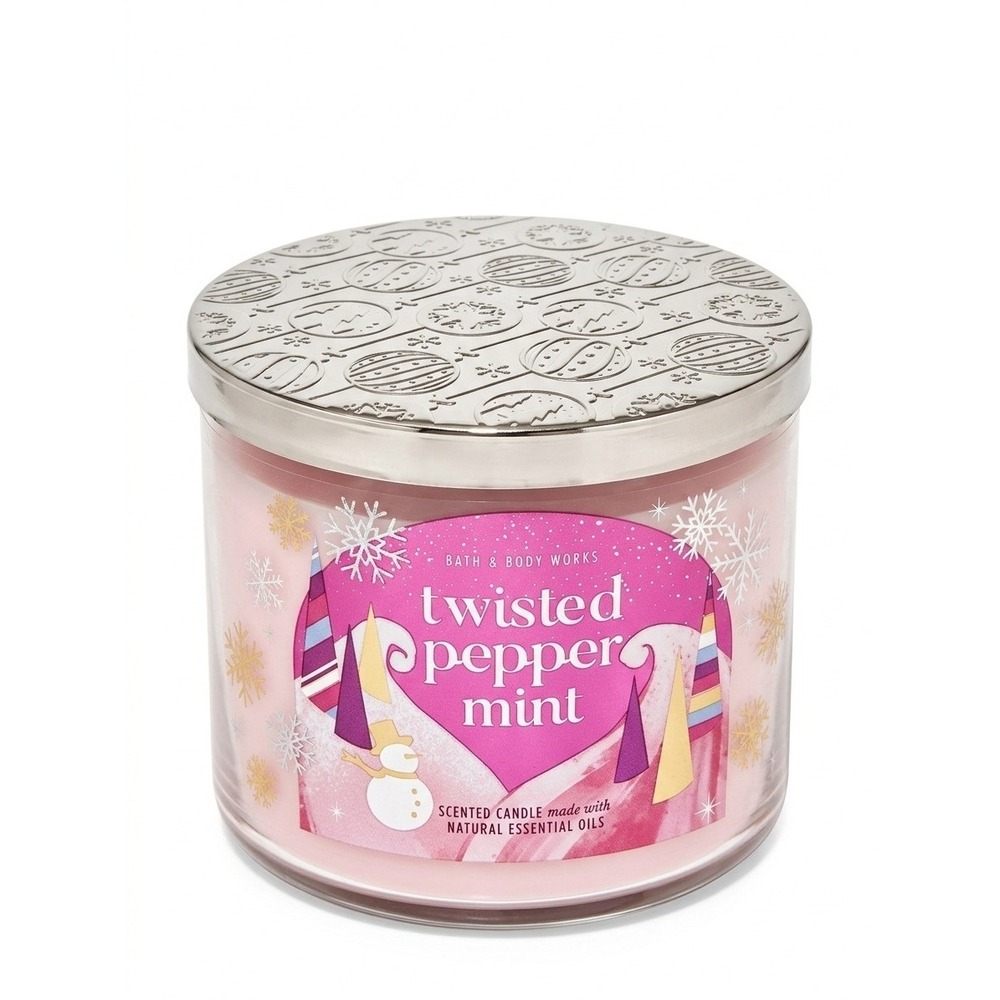 Bath & Body Works Twisted Peppermint 3-Wick Candle Pink Snowflake Jar NWT